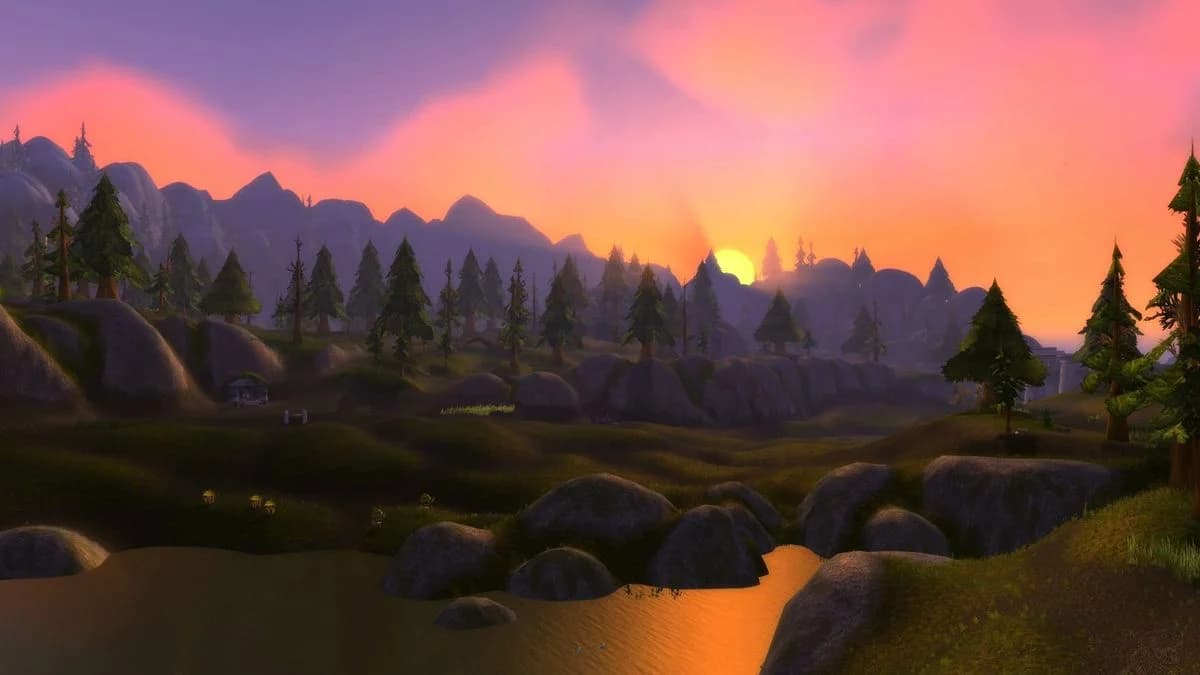 Sunset over the rivers, forests and hills of Azeroth