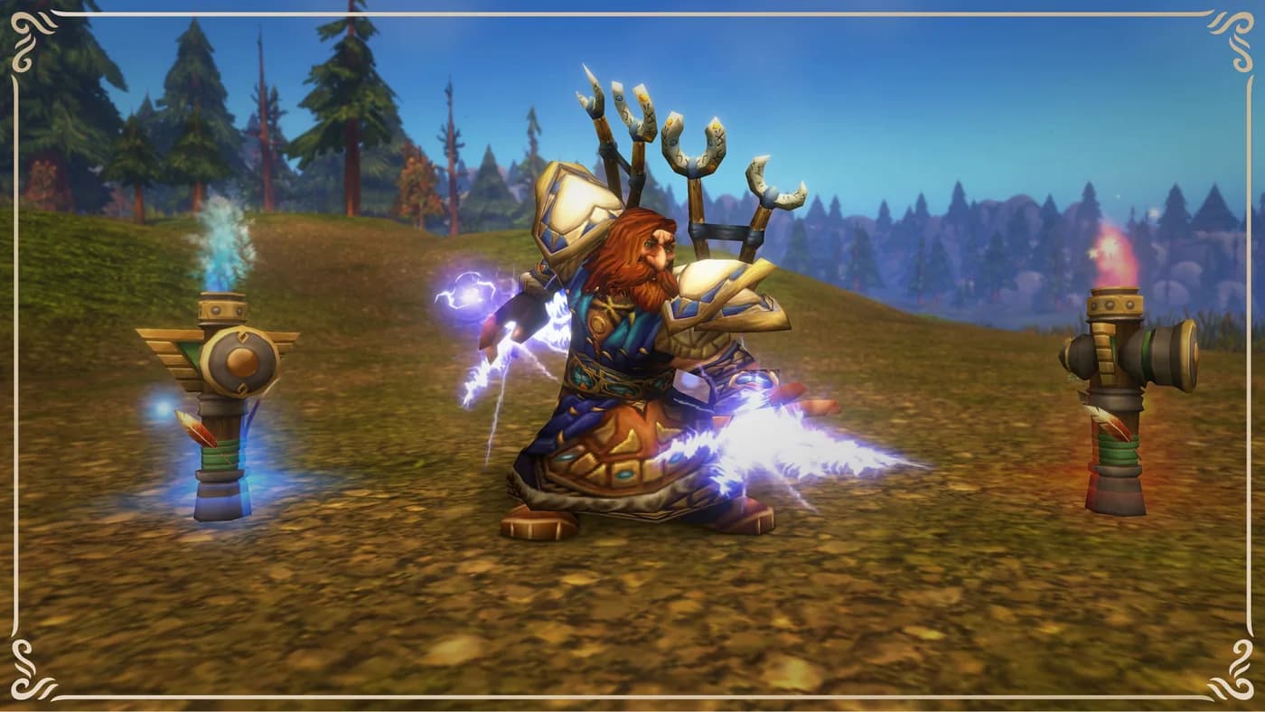 A dwarf shaman casting a spell among totems in Blizzard's WoW Forever preview