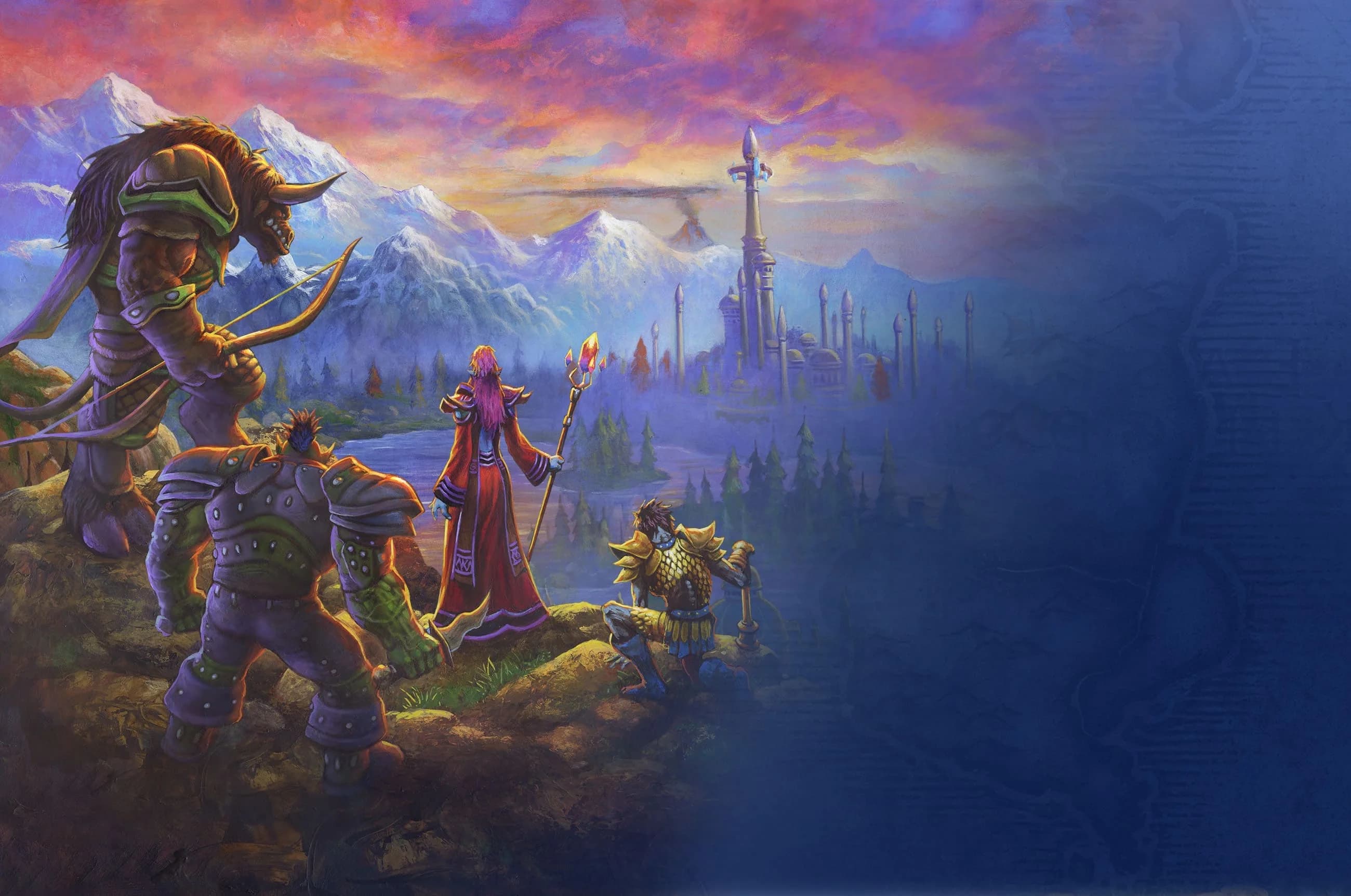 Adventurers overlooking Azeroth in official WoW Forever artwork