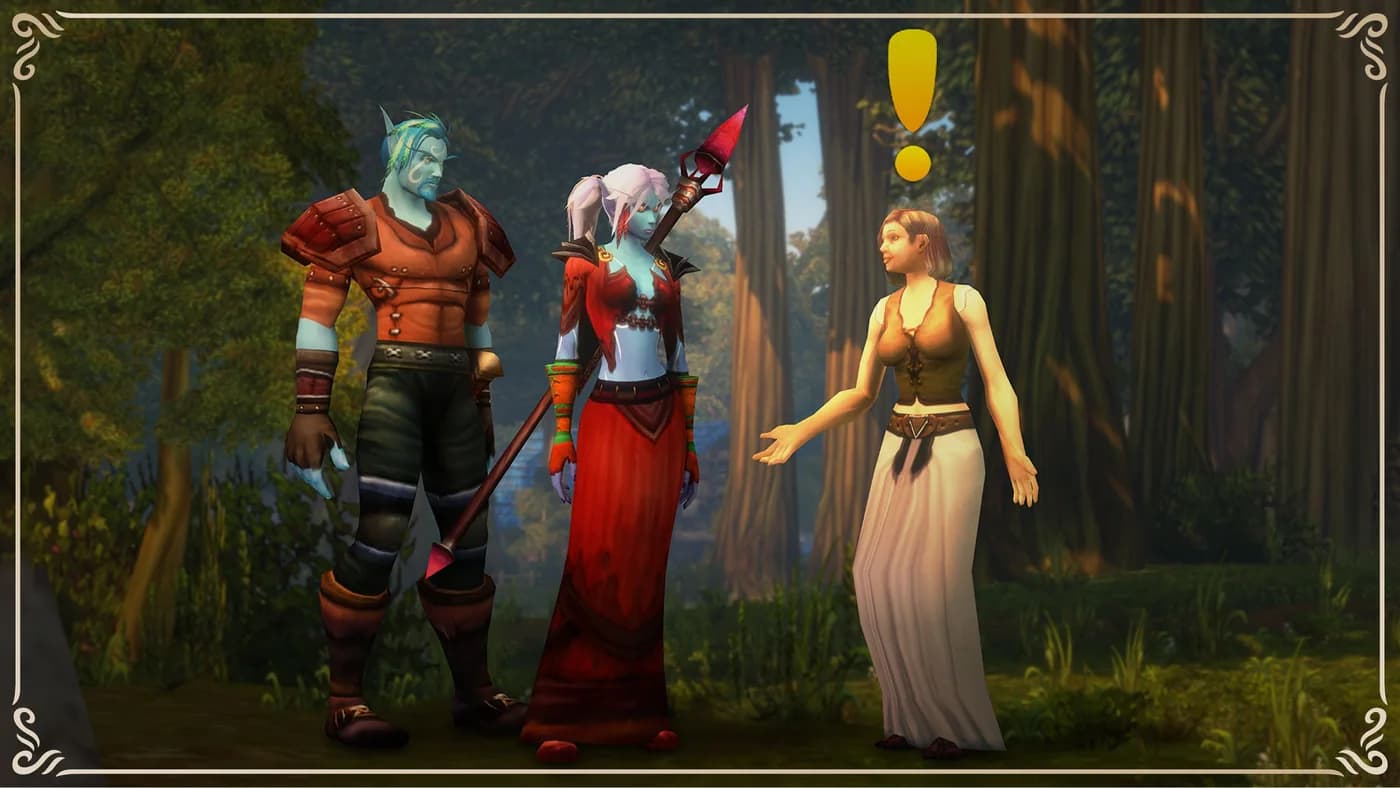 Adventurers meeting a quest giver in Blizzard's WoW Forever preview
