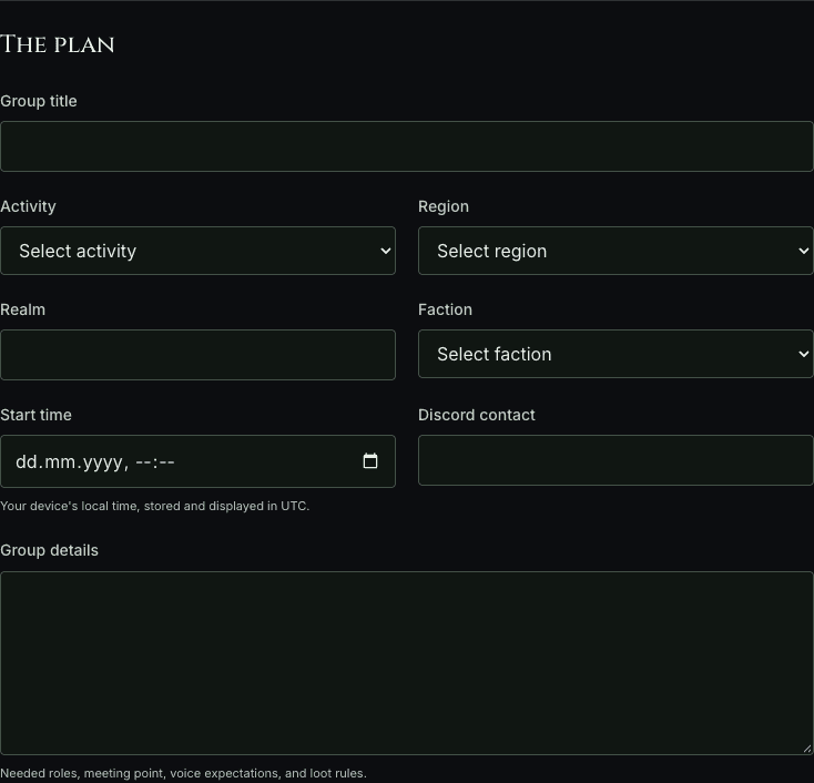 The group form's actual fields, shown empty without a submitted event