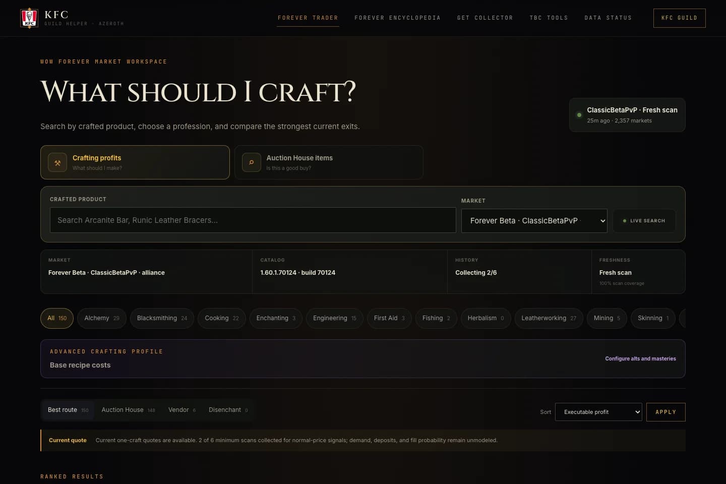WoW Trader's Forever crafting workspace with market selection, catalog build, history coverage and scan freshness